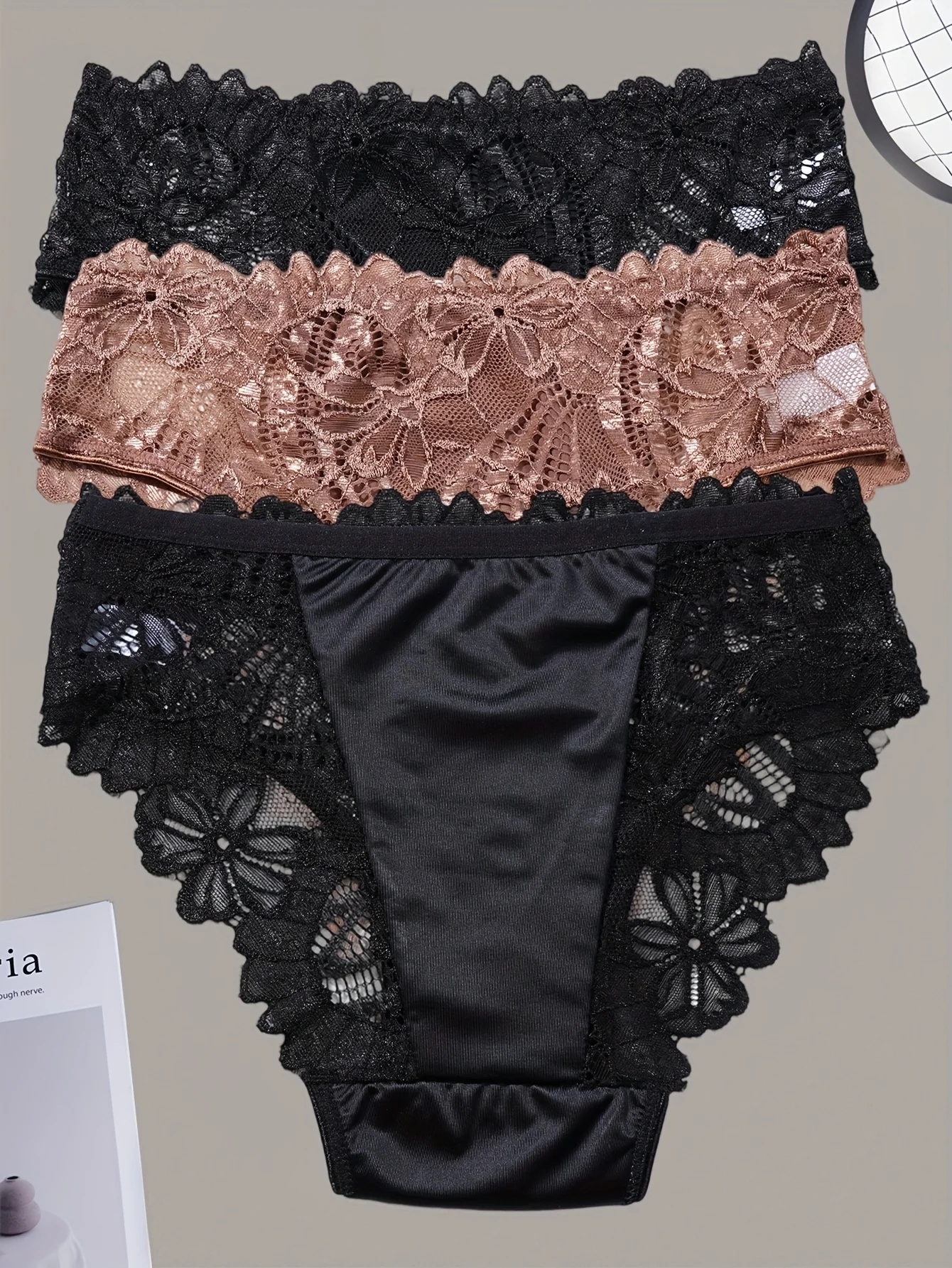 3-Piece Set of Women's Satin Underwear, Featuring Embroidered Floral Patterns and Hollow-Out Lace, Mid-Rise Design