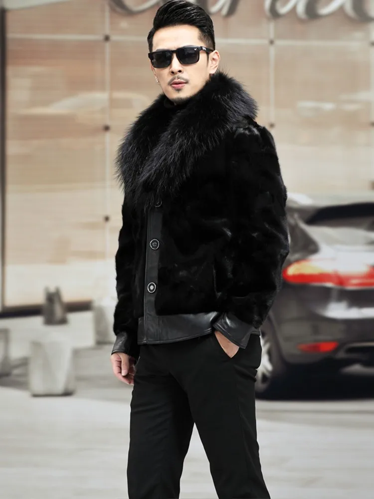 Business Man Winter Party Raccoon Fur Collar Outwear Coat Luxury Real Mink Fur Jacket Leather Patchwork Male Natural Fur Jacket