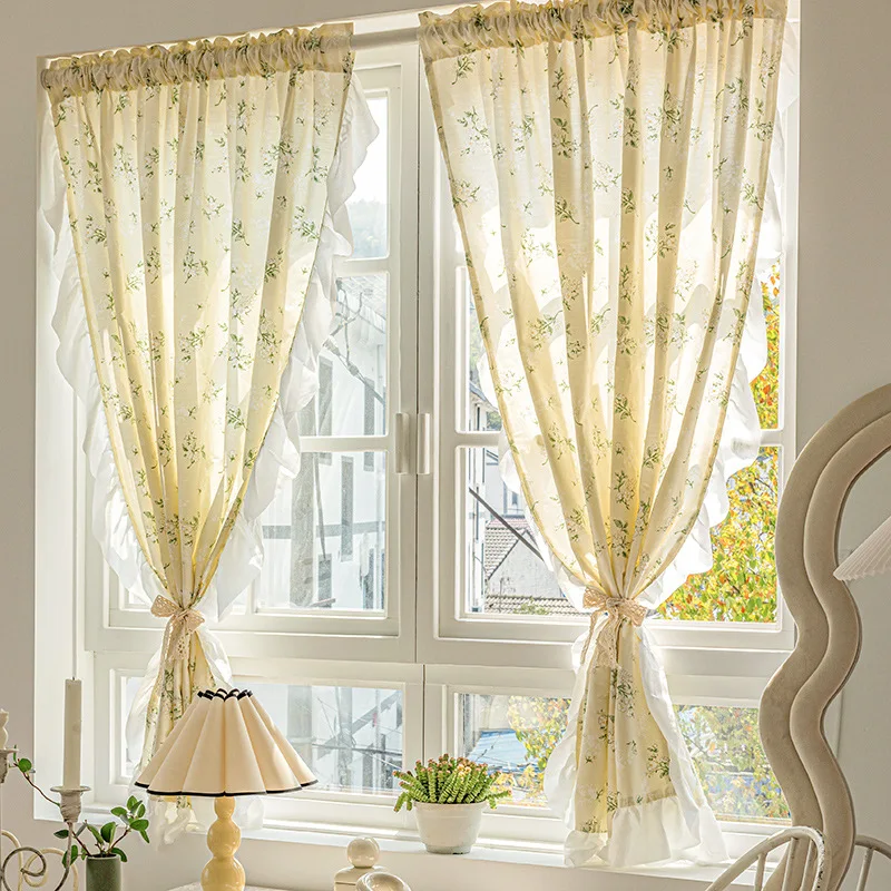 

Curtains for Living Room Luxury Farmhouse Curtains Cotton Floral Ruffle Trim Privacy Drapes for Semi-blackout Vintage Chic Decor