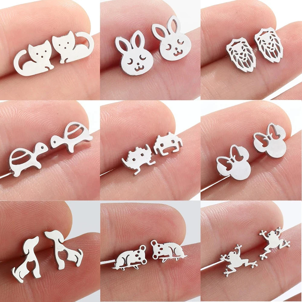 Cute Animal Multiple Stud Earrings For Women Tragus Piercing Stainless Steel Cat Rabbit Gold Fashion Jewelry Pendientes Mujer