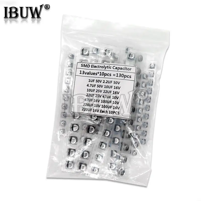 130 TEILE/LOS 1uF-220uF SMD Aluminium-Elektrolytkondensator-Sortiment-Kit-Set, 13 Werte * 10PCS = 130PCS Proben-Kit
