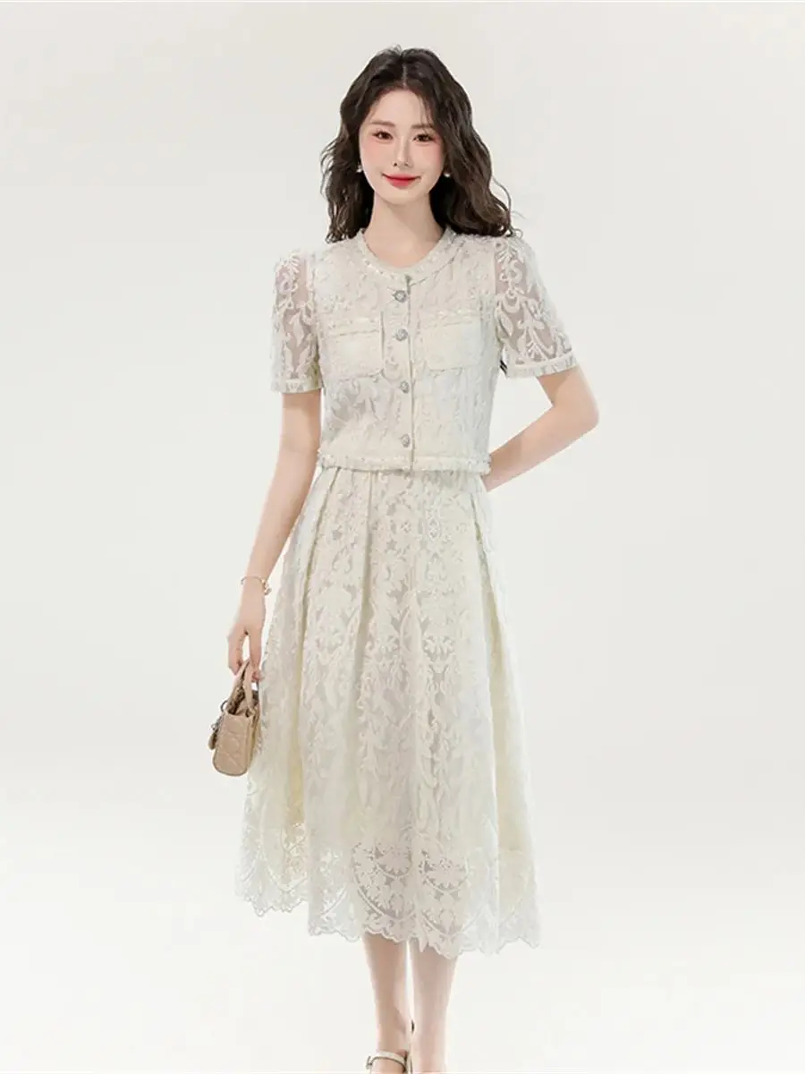 

Elegant Solid Floral Embroidery 2 Piece Women Skirt Sets Summer Luxury Diamonds Mesh Lace Splice Blouse Top Midi Skirt Outfits