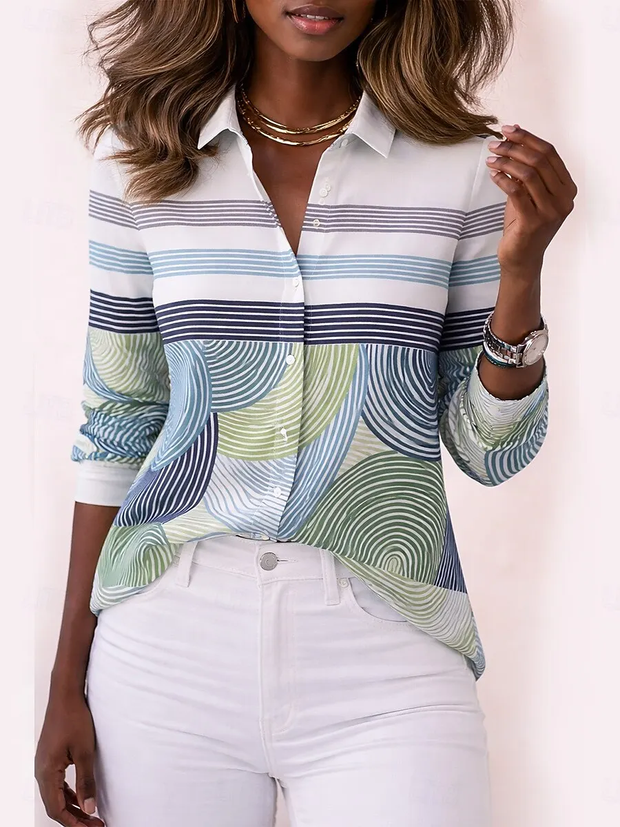 

Women's Vintage Geometric Color Block Collared Shirt, Fashion Bishop Long Sleeve Graphic Tops, Casual Outfit, Spring & Summer