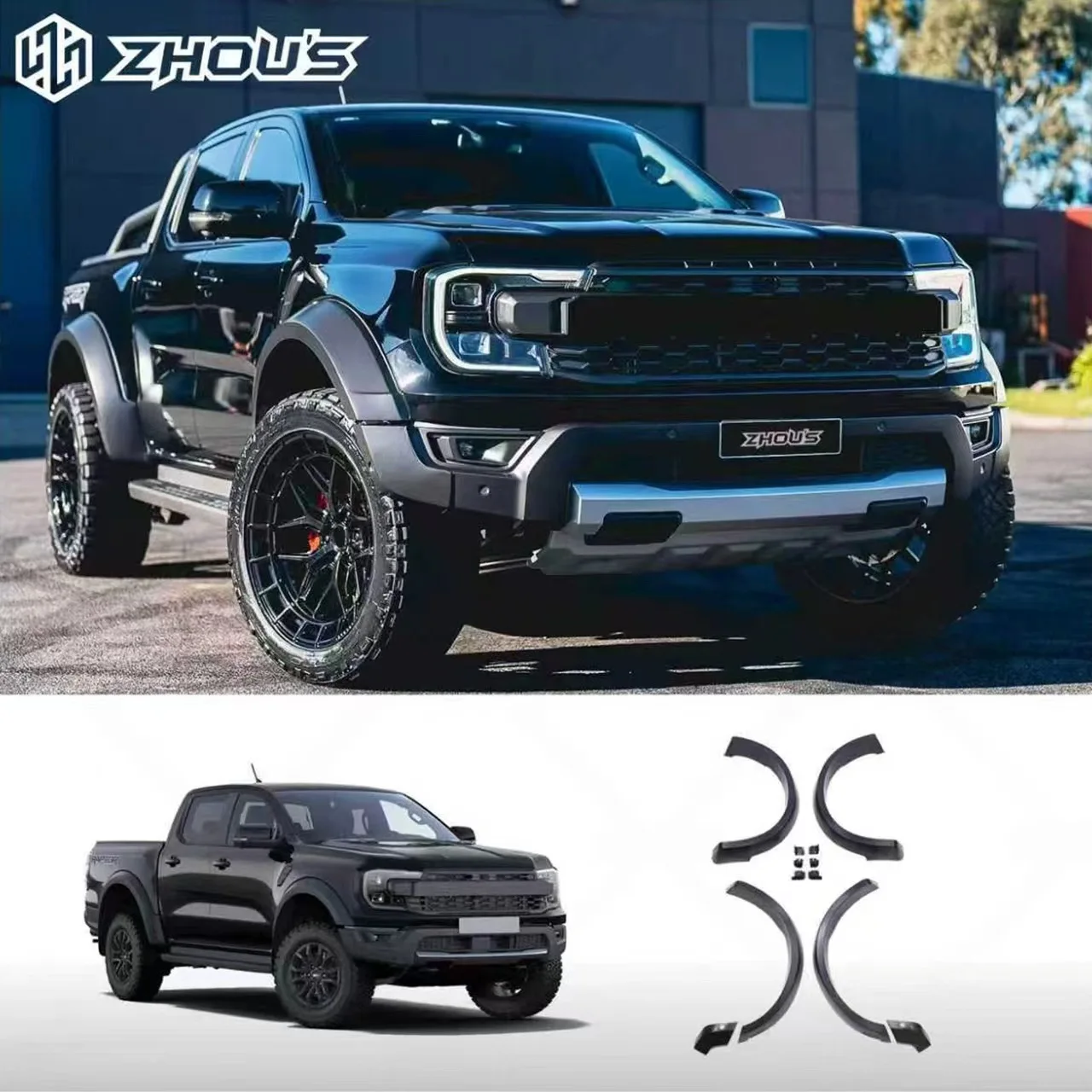 

Zhous Design 4X4 Pickup Offroad Car Fender Flares Kit Black Abs Wide Wheel Arches for Ford Ranger Raptor
