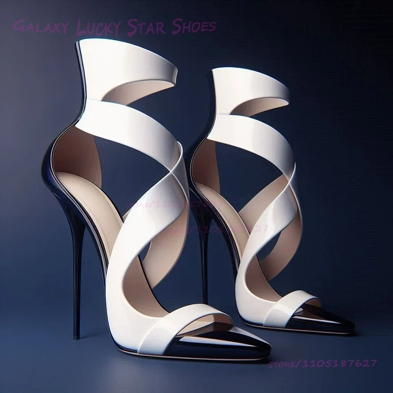 

Black Patent Leather Sandals White Ribbon Wrapping Round Heels Party Dresses Women Red Mirrored Pumps Zipper Mesh Shallow Shoes