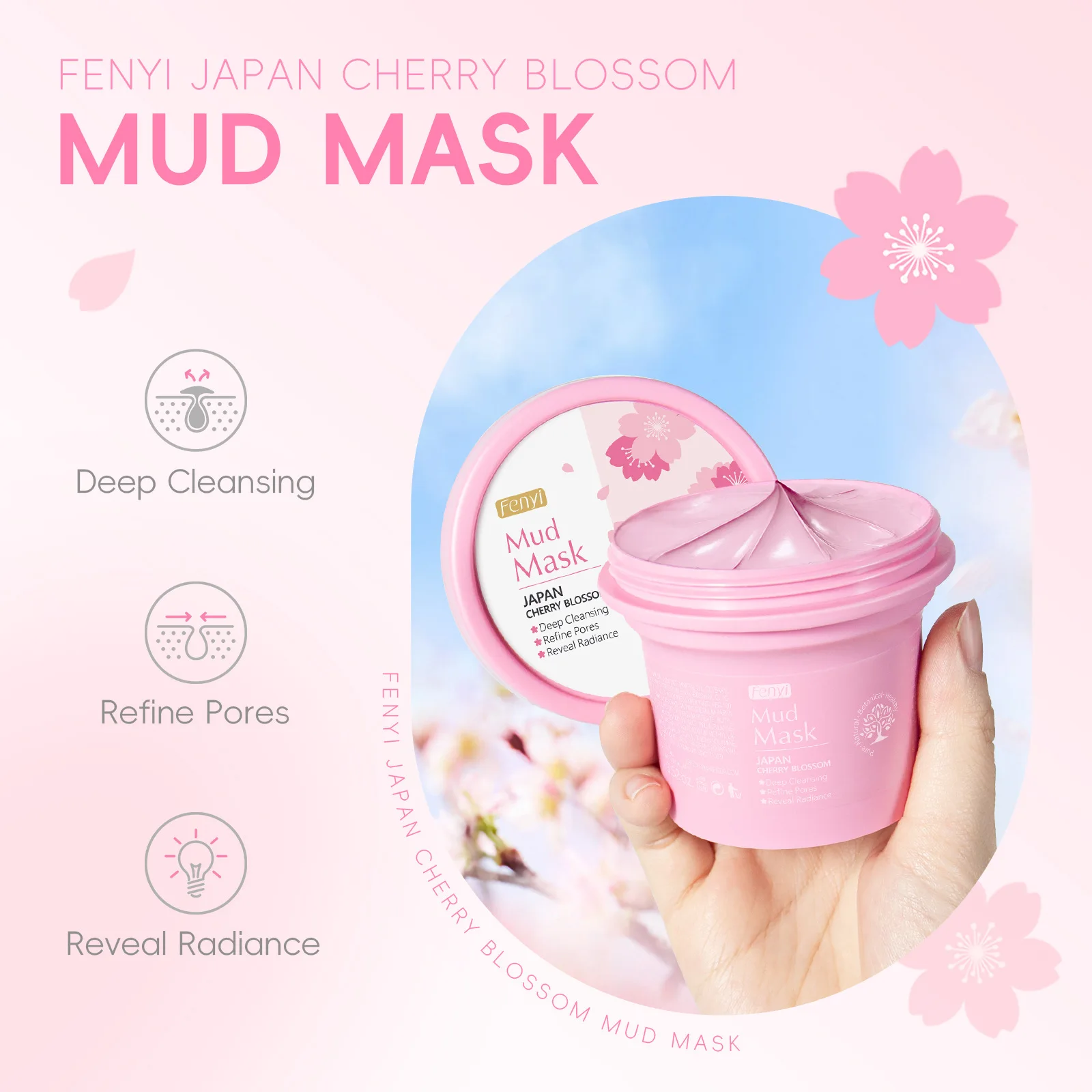 

Fenyi Japan Cherry Blossom Clay Mask 100g, Deep Pore Cleansing Off Mud Mask, Pore Tightening Brightening Facial Mask Large Size