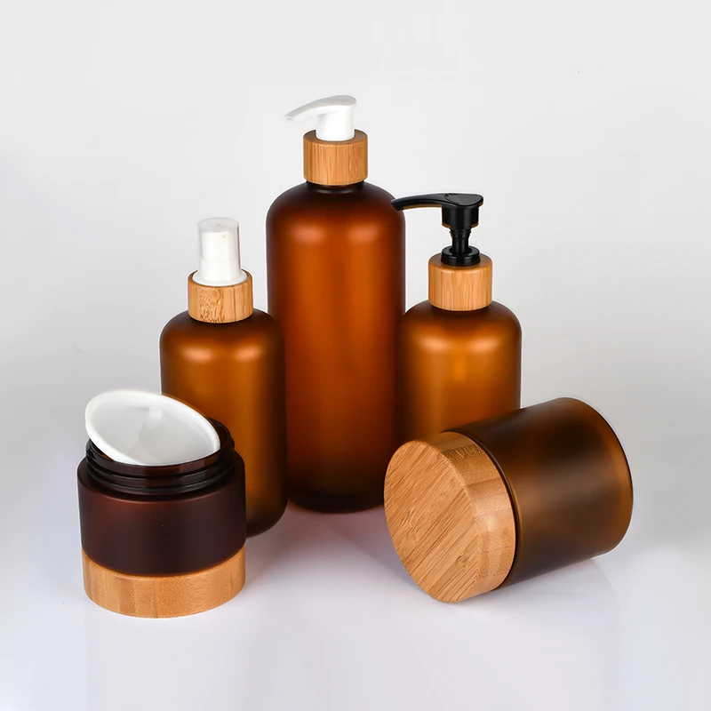 

toner frosted amber plastic bottle face spray lotion bottle Wholesale Bamboo Cosmetic Packaging Frosted Amber PET Plastic Jar