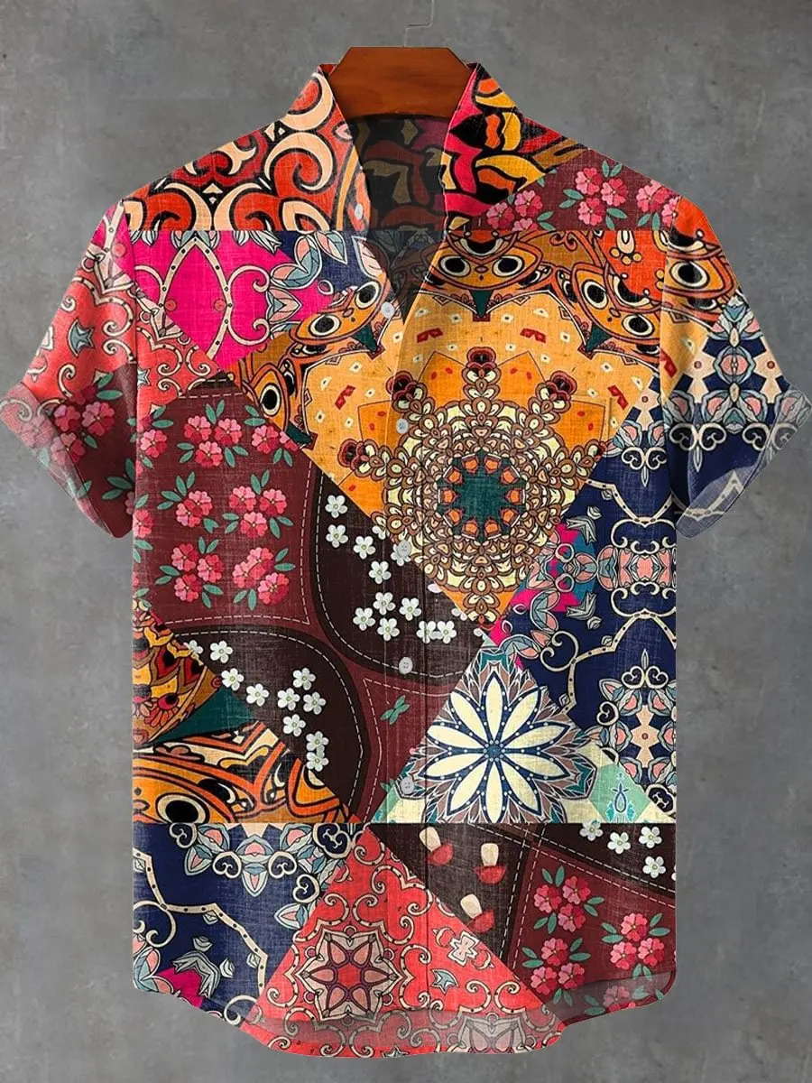 

Men's Animal Pattern Short Sleeve Shirt Vintage New Linen 80% Shirt Men's Short Sleeve Casual Holiday Clothing