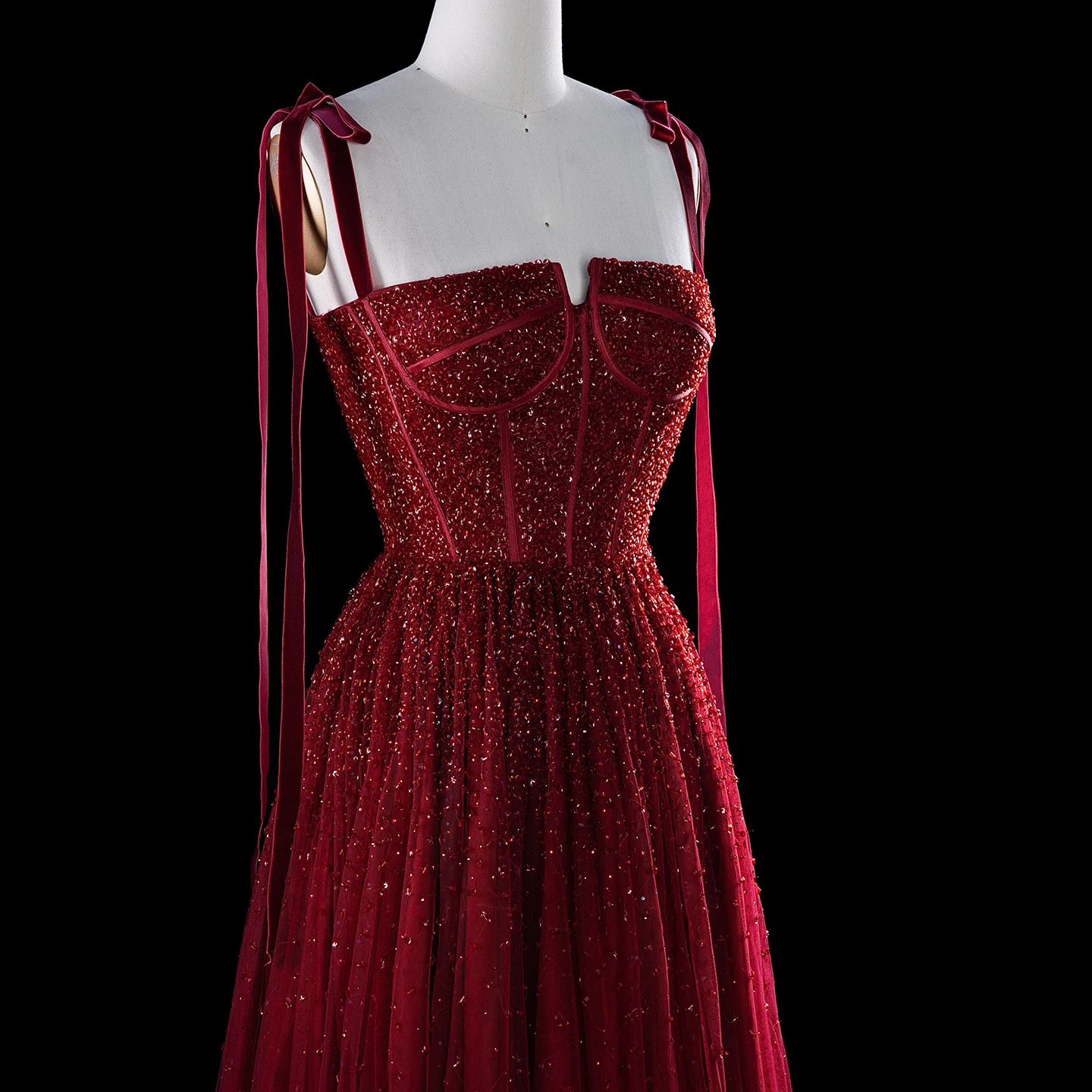 Sharon Said Burgunder Abendkleid mit Spaghettiträgern, Schleife, Perlenstickerei, fließendem Tüll, A-Linie, formelle Partykleider SS263, maßgeschneidert – Detail 9