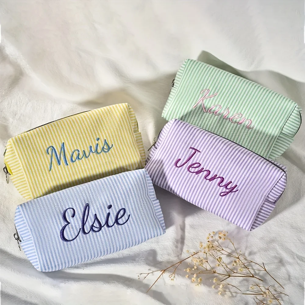 1Pc Custom Name/Text Embroidered Striped Makeup Bag, Large Capacity Fashionable Portable Travel Toiletry Bag, Bridesmaid Present