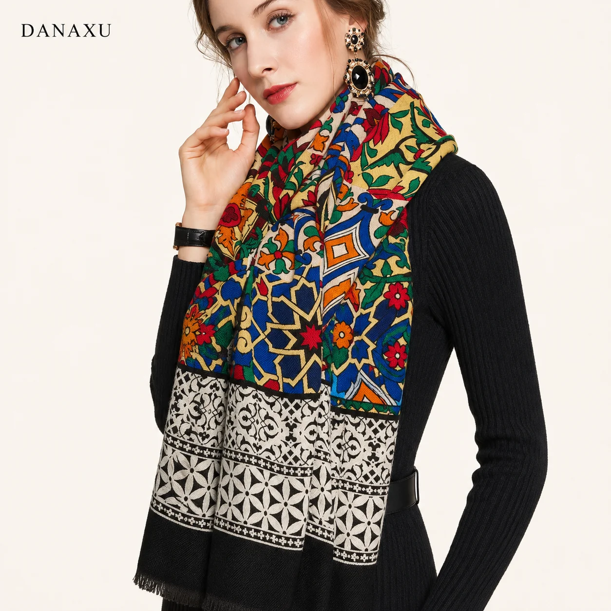 Luxury Brand 100% Pure Wool Large Size Women Bandana Headwarp Pashmina Cashmere Scarf Luxury Merino Poncho Shawl