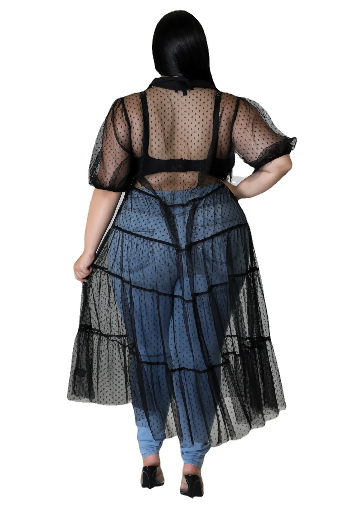 Casual polka dots plus size vestidos para mulher 2022 elegante lapela malha ver através sexy vestido drapeado atacado dropshipping