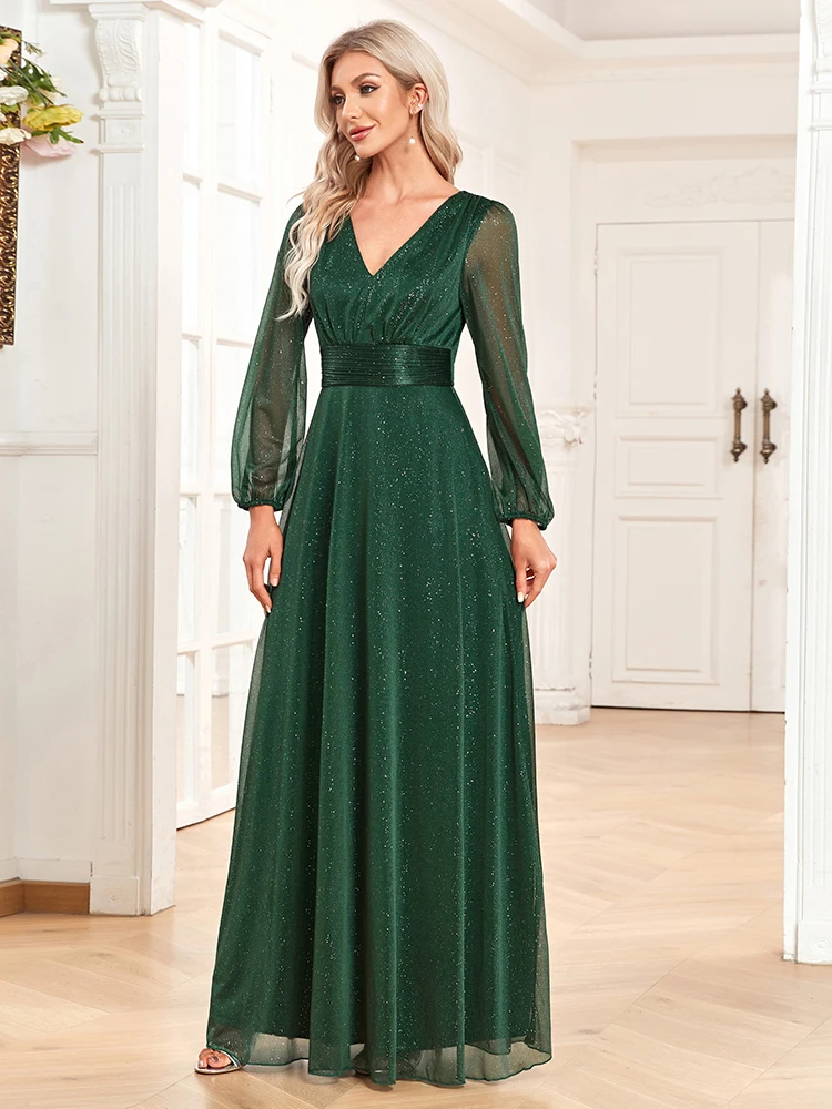 Women Elegant V-neck Sparkling Chiffon Evening Dress A-Line Long Sleeve  Wedding Party Gown For Bridesmaid New Vestido De Festa