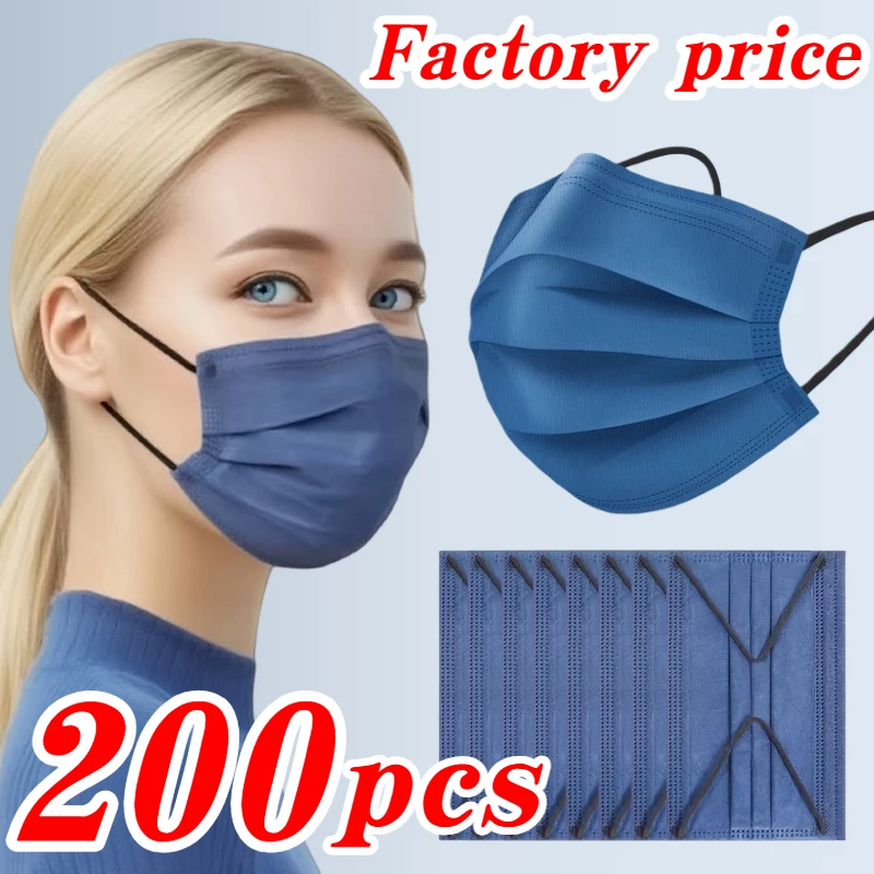 Maschere per il viso usa e getta a 4 strati blu denim spesso da 200 pezzi - 200/100/50/10 pezzi con anello elastico e clip per il naso regolabile, adatte per feste, viaggi, attività all'aperto, abbigliamento casual, ap