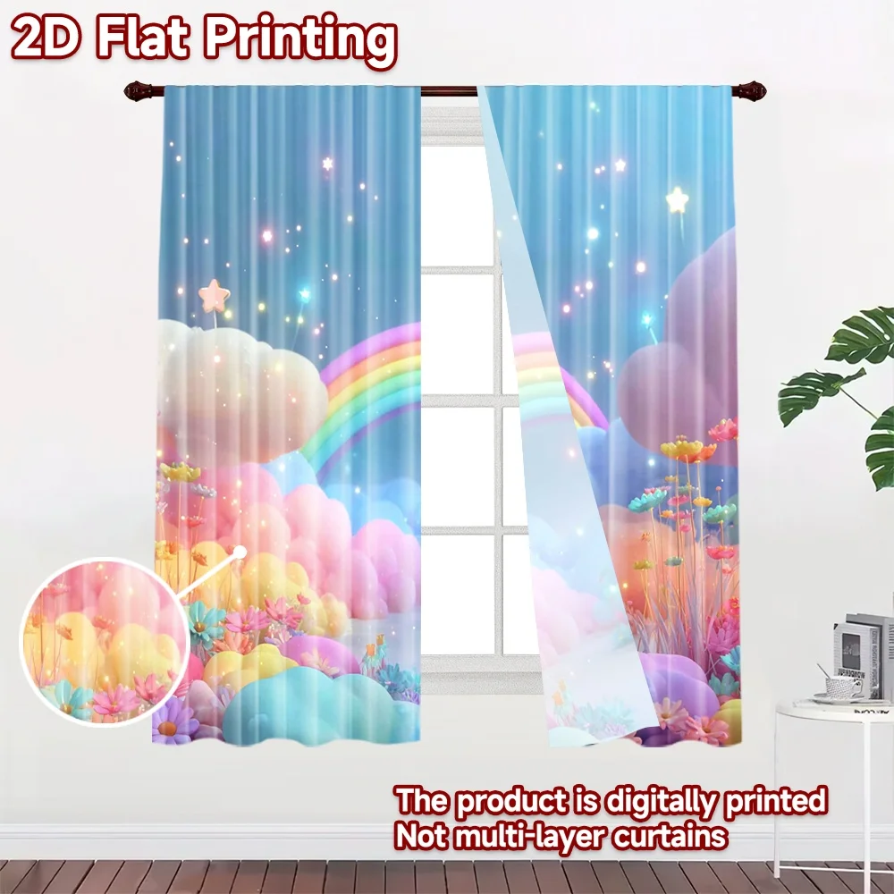 2D flat printing 2pcs Curtain Dreamy Sky Rainbow Flower Clouds Digital Printed Polyester Drapes Festive Wall Decor Use for Photo