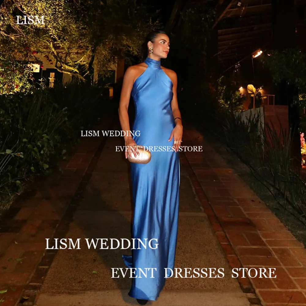 LISM Elegant  Blue  Evening Party Dresses Halter Floor Length Prom Gowns Saudi Arabic Women Sleeveless Formal occasion Dresses