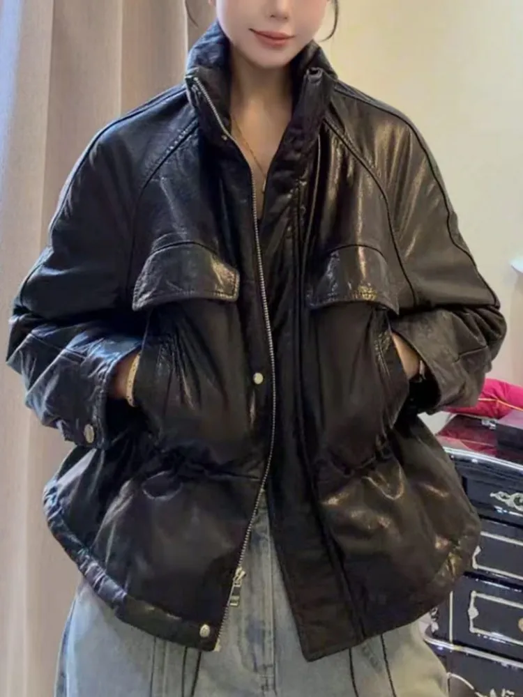 Winter Women Genuine Leather Down Coat Streetwear Zip Windproof Stand Collar High Waist Oil Wax Cowhide Warm Casual Short Jacket