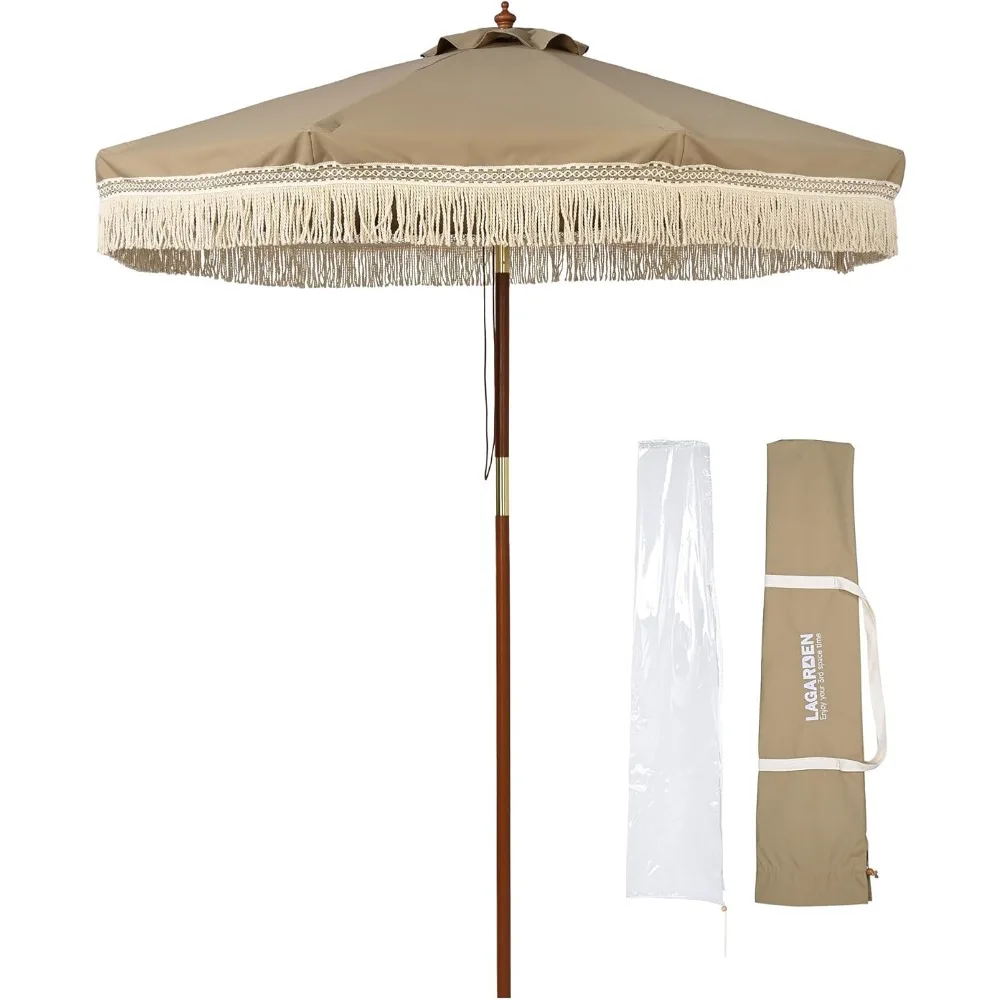 

7' Patio Khaki Umbrella with Tassels UPF50+ Boho Style 5-Year-Non-Fading for Outdoor Yard Market Mocha Meander