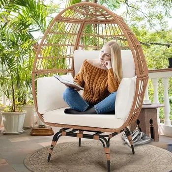 Image 360 Swivel Rattan Egg Chair for Adult, Outdoor Patio Rattan Egg Chair with overstuffed Cushions, Natural Rattan with Cushion