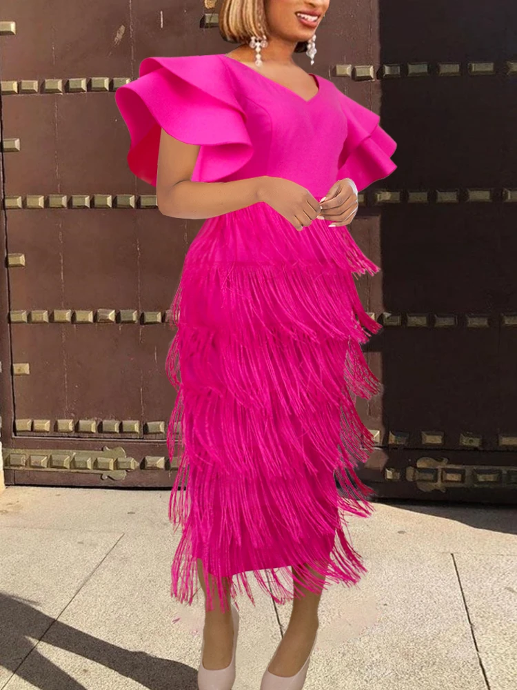 Women Tassel Dress V Neck Fringe Bodycon Slim Party Ruffles Sleeves Spring Celebrate Elegant Fashion Prom Lady Package Hip Gown