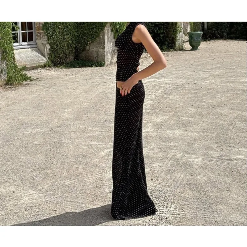 Temperament retro elegant polka dot sleeveless top long skirt women's suit