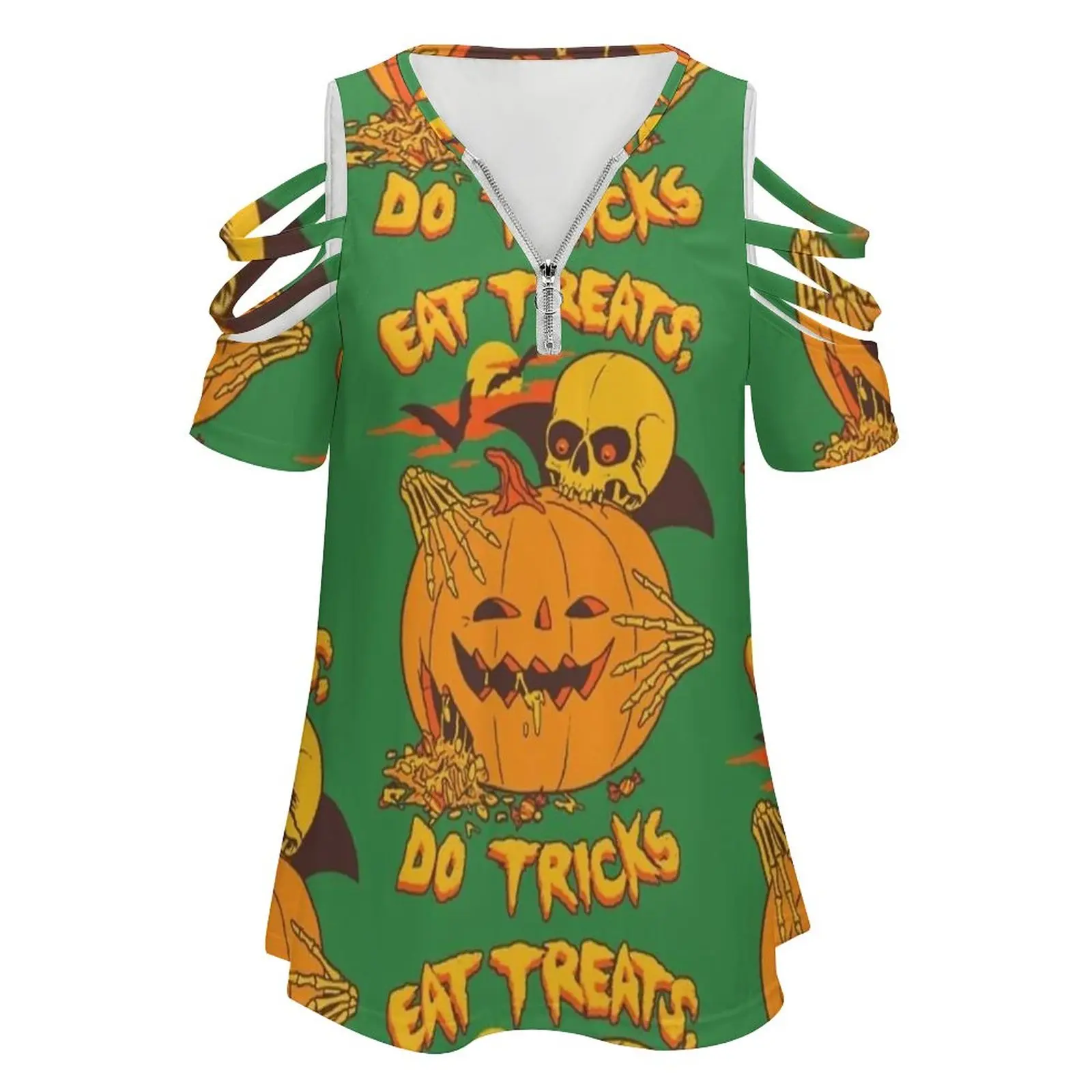 Eat Treats , Do Tricks New Fashion Zip Off Shoulder Top Short-Sleeve Women Shirt Halloween Skeleton Pumpkin Jack O Lantern