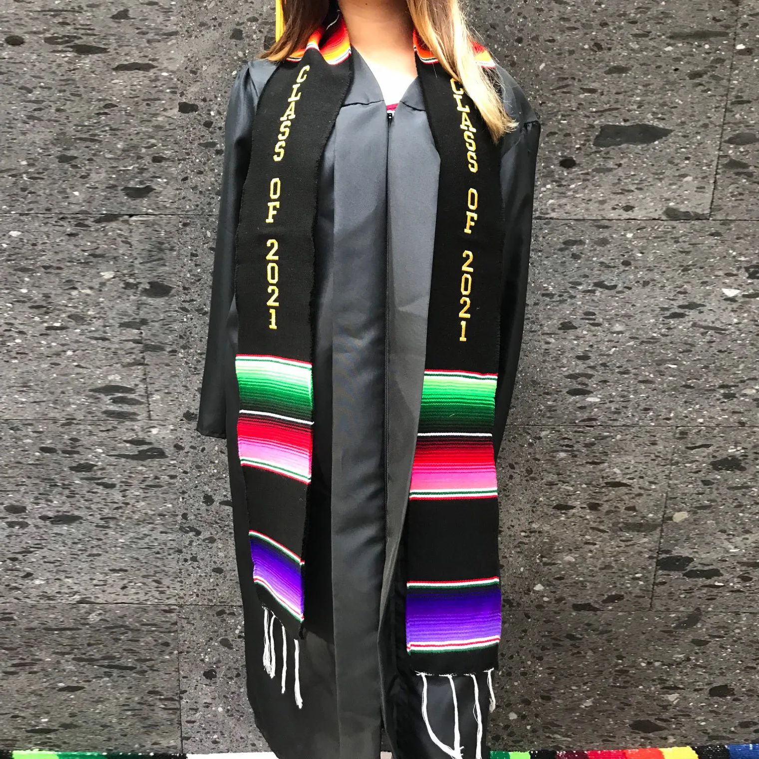2 Pc Hand Embroidered Mexican Graduation Belt Color Striped Black Belt Graduation Scarf