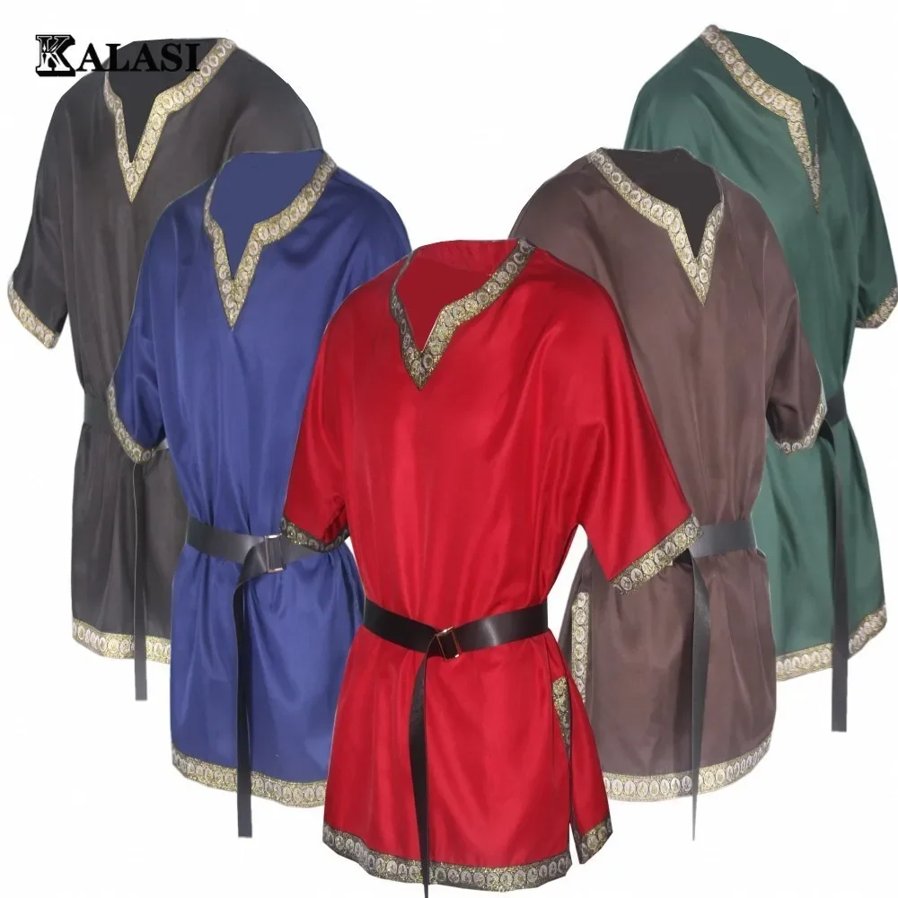 

Adult Men Medieval Knight Warrior Costume Green Tunic Clothing Norman Chevalier Braid Viking Pirate Saxon Top Shirt