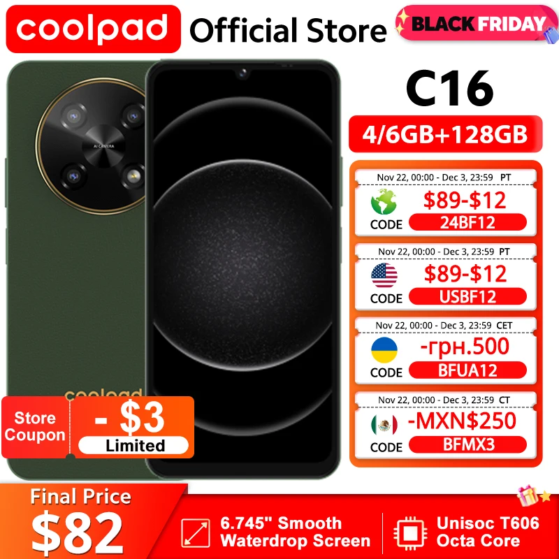 coolpad C16 Smartphone NFC 90Hz 6.745" Smooth Waterdrop Screen Octa Core Processor 50MP Triple Camera 5000mAh Battery Android 14