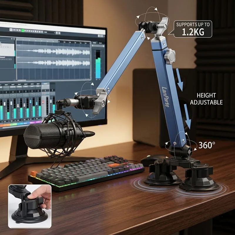 Lanparte Microphone Boom Arm,Mic Stand Desk Double suction cup base with 3/8 & 5/8 Thread,Mic Arm for Hyper X Fifine K669B