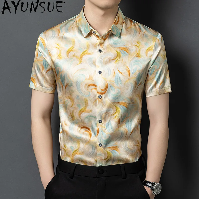 AYUNSUE 92.5% Real Mulberry Silk Shirts for Man High Quality Summer Top Printed Short Sleeve Shirt Men Streetwear Satin Shirt