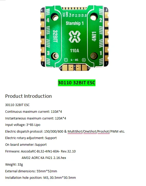 Aocoda RC Bettle 30110 110A 4-IN-1 ESC - 32Bit AT32F421K8U7 3-8S LiPo 33g لـ FPV Racing Drone DIY أجزاء