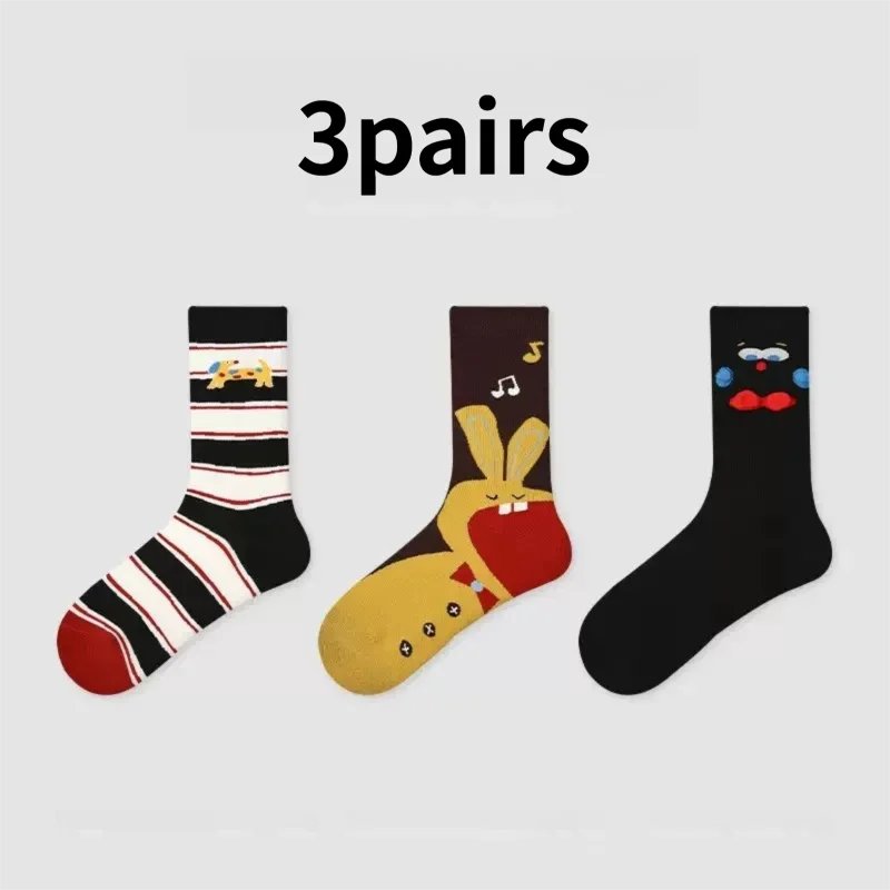 

HeYe 3 Pairs Autumn and Winter Breathable Sports Sweat-Absorbing Cotton Cartoon Animal Cute Mid-Calf Socks for Men and Womenv