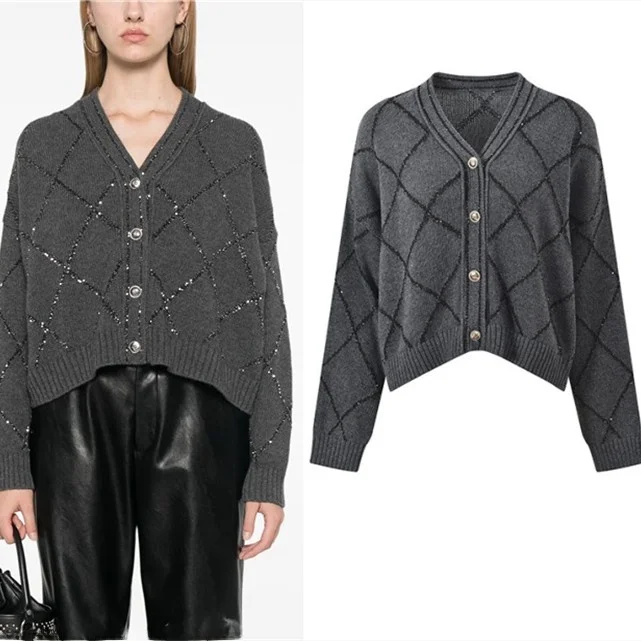 

Вязаный открытый кардиган Ele ey с ромбовидным узором V-Ne Long Sve Высококачественная версия European Sle College Aosphere