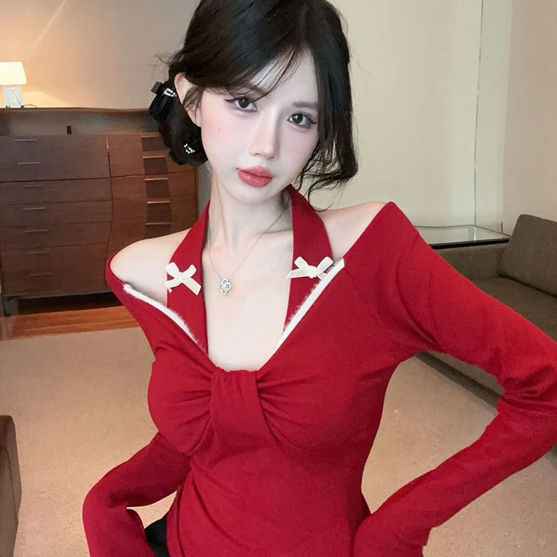 T-shirt sexy alla moda con scollo all'americana da donna manica lunga con spalle scoperte T-shirt patchwork con fiocco autunno inverno Hottie Slim Fit Chic Slash Neck Top