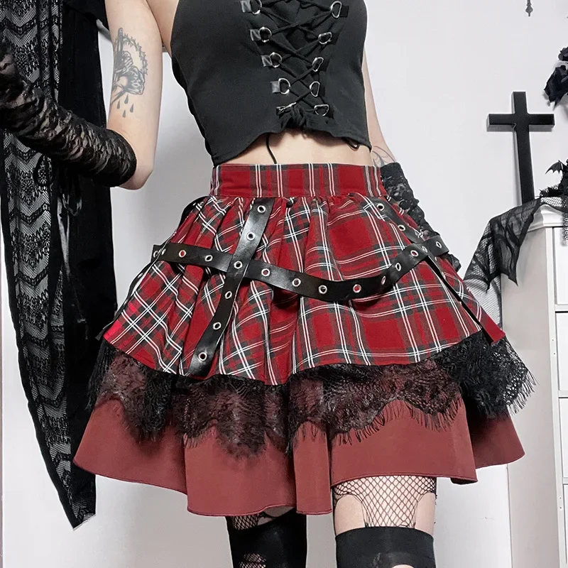 Gothic Harajuku Girls Plaid Pleated Skirt Punk Sweet Lace Kawaii Clothing Y2k Lolita Cake Mini Skirts Cosplay Costume