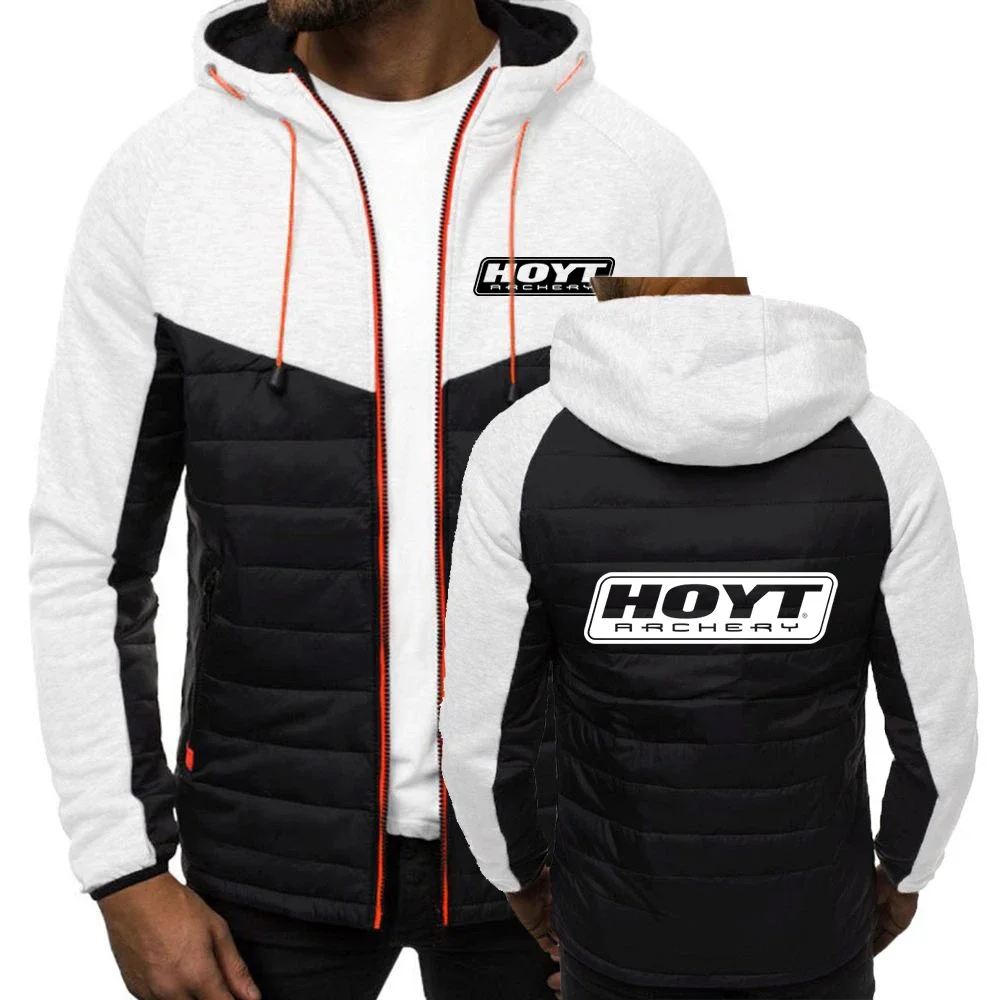 2024 Spring Autumn Men's Hoyt Archery Logo Print Zipper Windproof Warm Cardigan Solid Color Patchwork Hooded Cotton Jacket Coat