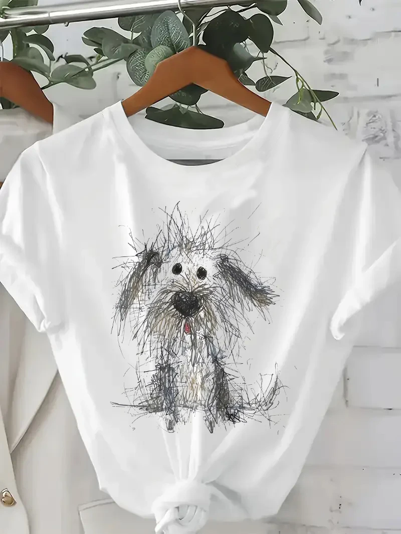 

Футболка с графическим принтом Doodle Puppy, новинка 2025, манга, новая летняя футболка с круглым вырезом для девочек, женская модная повседневная женская одежда