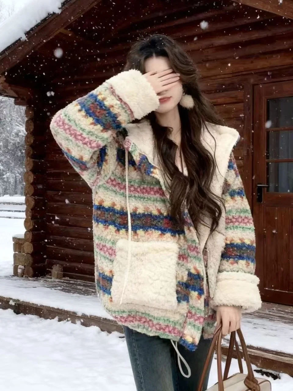 Abrigo de Invierno para Mujer, Estilo Retro Geométrico, de Piel de Cordero o Chaqueta, Cálido, de Doble Cara, de Algodón, Estilo Coreano, Holgado