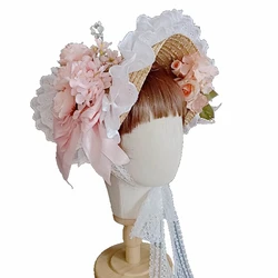 Flat Lolita Straw Hat Woman Victorian Party Floral Bonnet Double lace Brim Head Wear