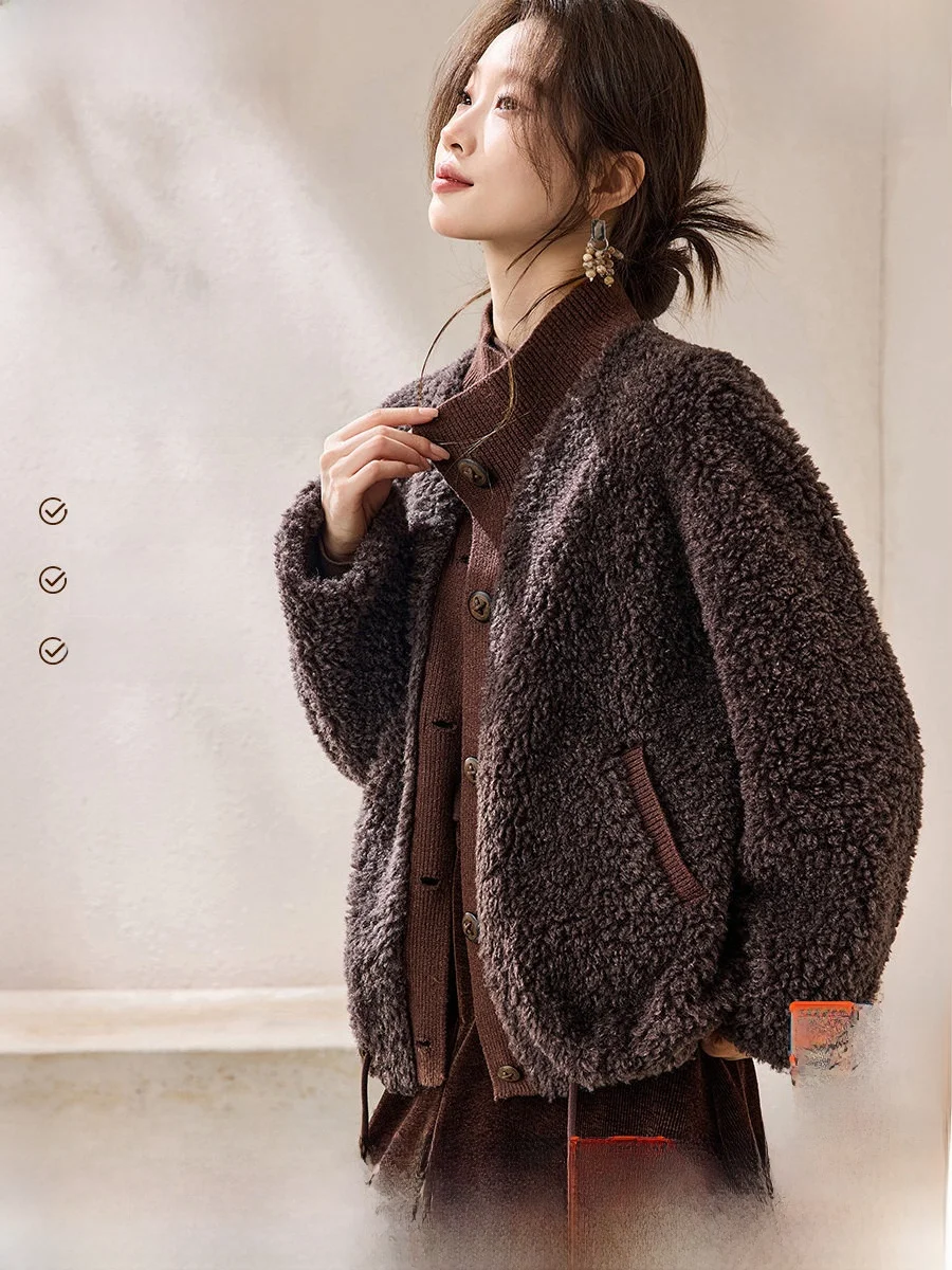 

Mehemidy Women's Wool Blend Lamb Fur Jaet Casual Sle Warmth Comfortable Fit Winter Outerwear Long Sve Button Closure