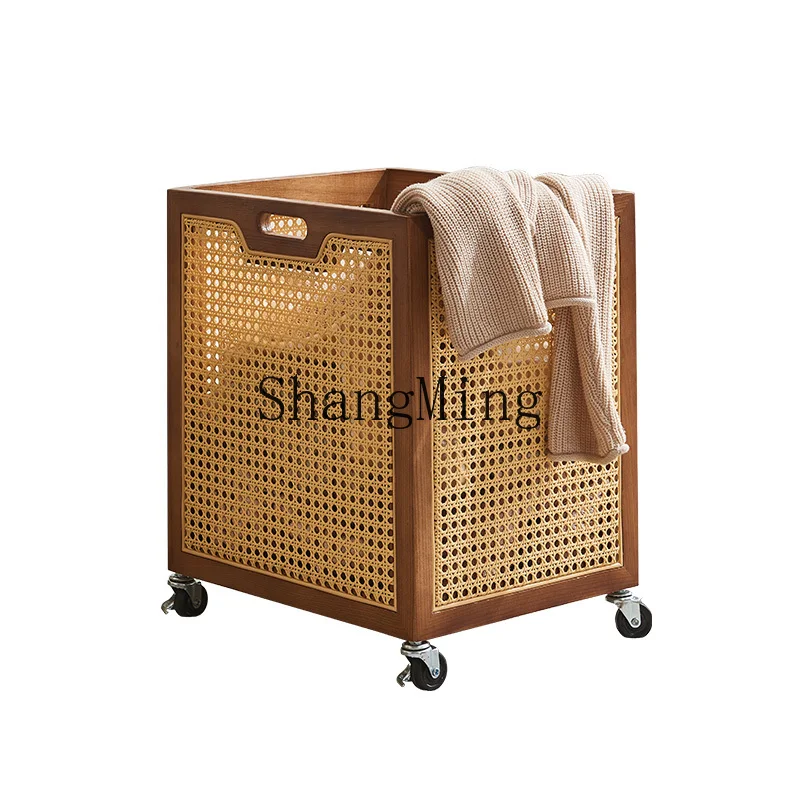 

CL medieval solid wood rattan storage box badminton racket yoga mat fitness equipment storage basket movable belt wheel