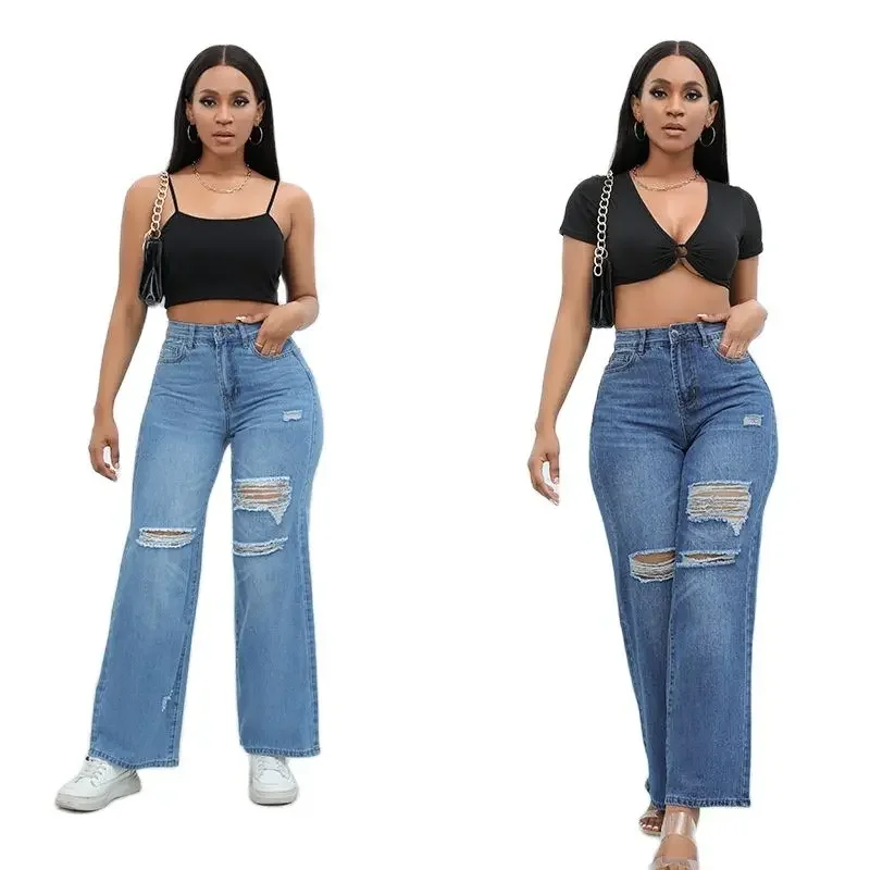 

Осенние новые модные рваные джинсы для женщин, повседневные универсальные джинсовые широкие брюки XS-2XL