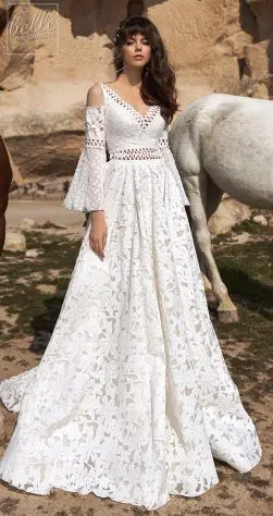 Vintage Crochet Lace Beach Wedding Dresses with Remove Fairy Long Sleeve Organza Applique Skirt  Bohemian Bridal Gown