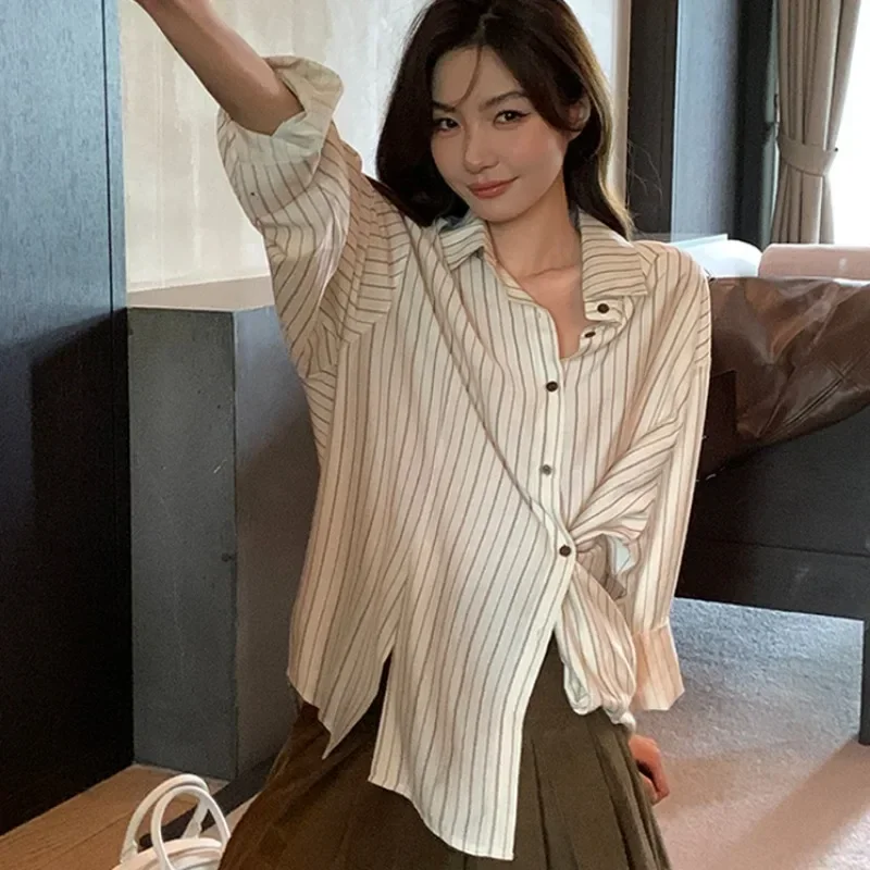 Long Sleeve Striped Shirts Women New Casual Tops Loose Breathable Temper Slouchy Outwear Vintage Streetwear Ulzzang Minimalist