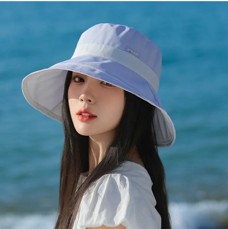 Summer Ice Silk Fisherman\'s Hat Korea Color Blocking UV Large Brim Sunscreen Hat Outdoor Beach Vacation Women 56-58cm