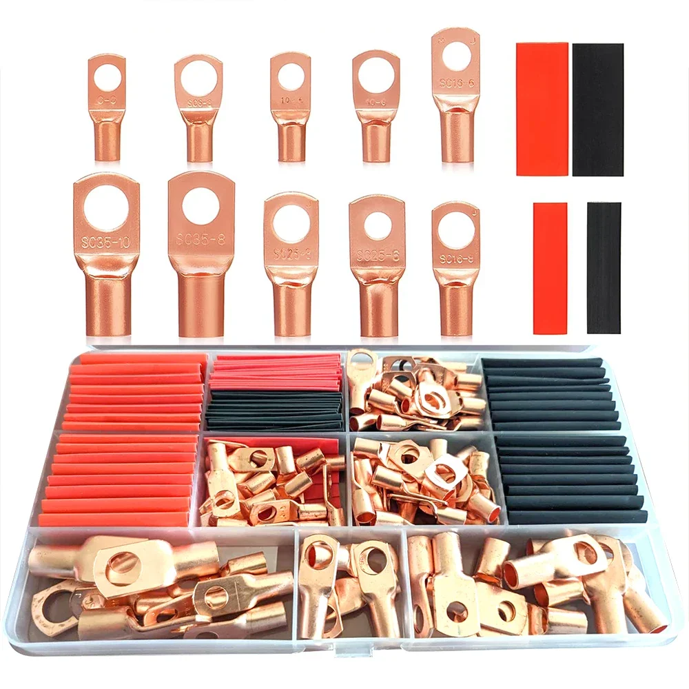 

150pcs Battery Cable Ends Awg 2 4 6 8 10 Gauge Wire Connectors,Copper Ring Terminals with Heat Shrink Set,74 pcs Cable Lugs Ring