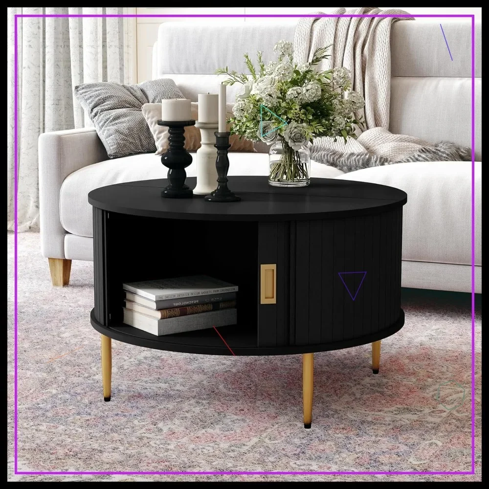 

Круглый кофейный столик 31,7 дюйма с раздвижной дверцей, в стиле середины века, для гостиной, черный, с рифленым дизайном