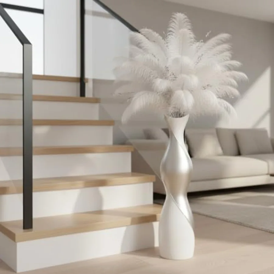 Modern Floor Vase for Living Room Bedroom Entryway Matte White Silver Resin 24 Tall Dual-Tone Decorative Vase for Pampas Grass view 3