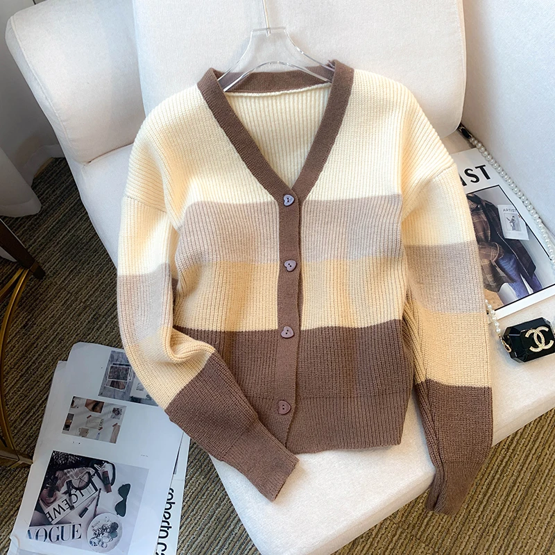 

Miiiix 2024 Autumn New Design Sense Top Women's Korean Version V-neck Contrasting Striped Knitted Sweater Cardigan Sweater